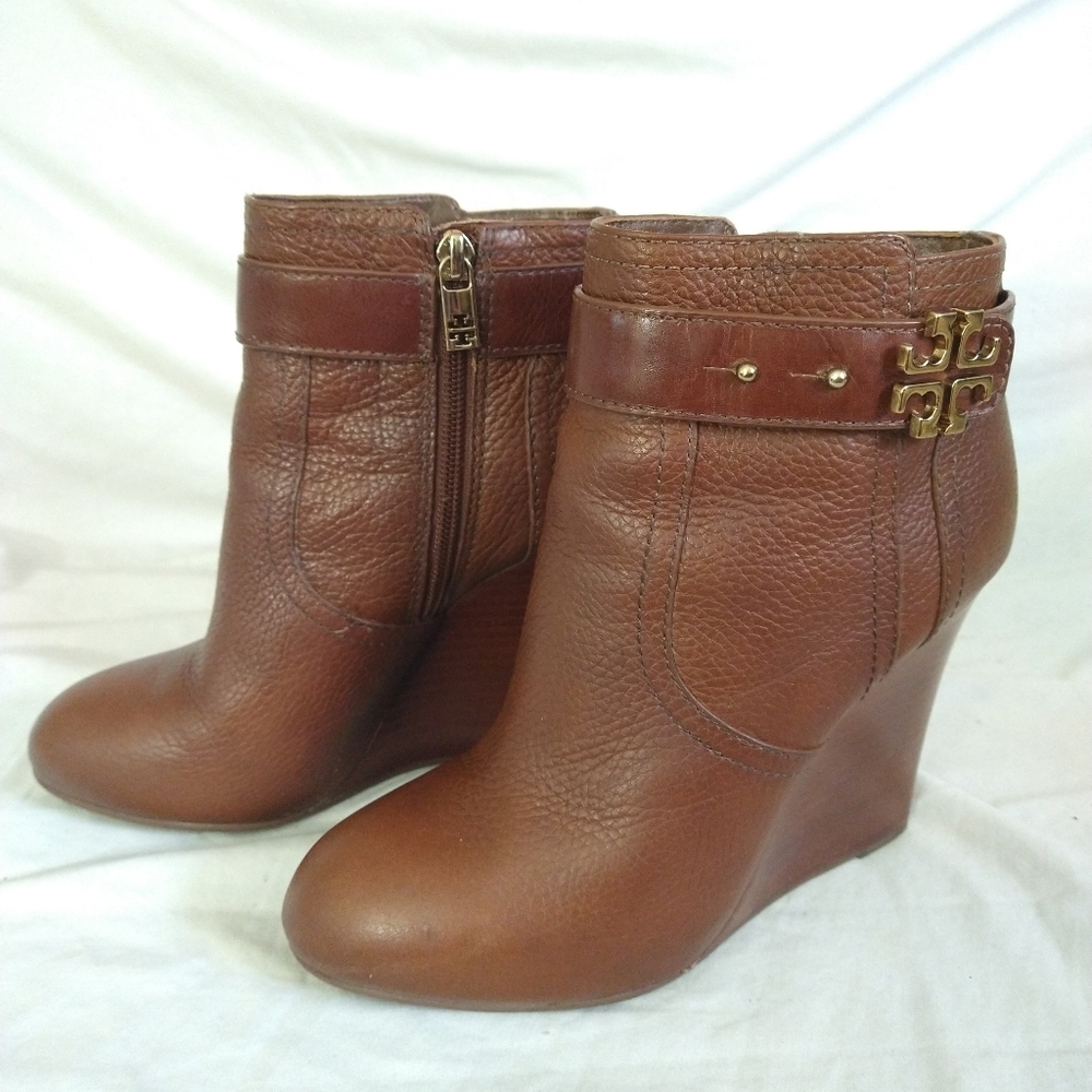Tory Burch Cognac Wedge Booties Brown Leather